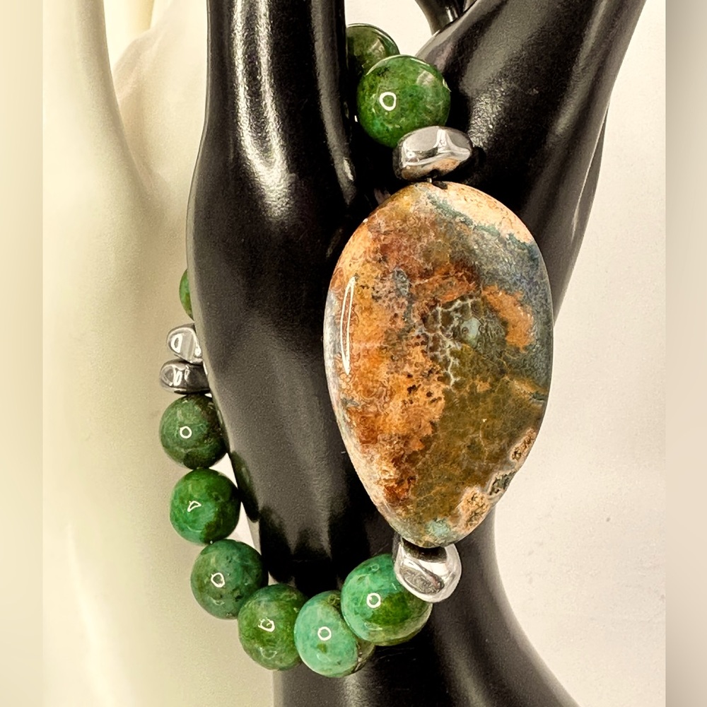 POWERFUL GREEN PYRITE + DRAGON SKIN PROTECTION NATURAL STONES BRACELET SIZE 7”